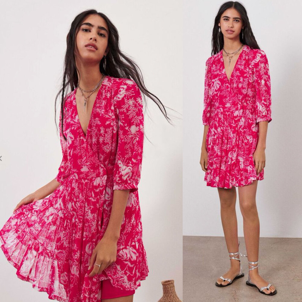BA&SH Ulia Floral Wrap Mini Dress Rose Pink Size M NWOT